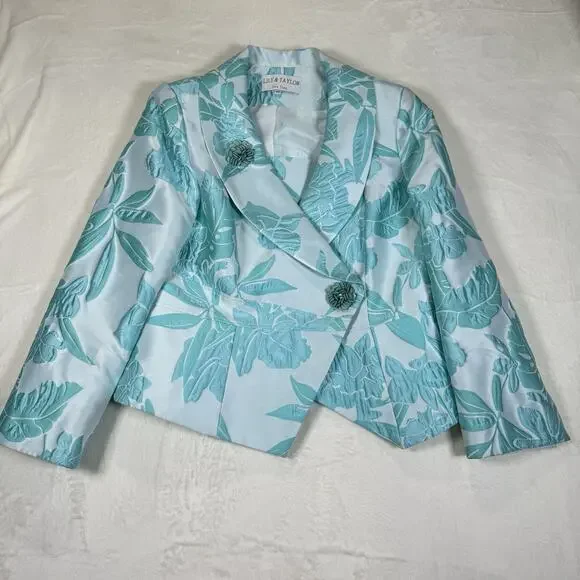 Lily & Taylor Couture Blue Jacquard Floral 2 Piece Skirt Suit Set Womens Size 14 - Picture 2 of 15